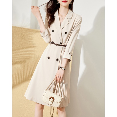 Spring and summer simple and fashionable design sense pleated waist and thin high-end suit trench coat dress