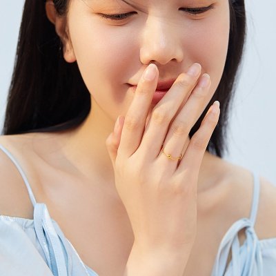 足金戒指女小金珠光珠浪花素圈戒指尾戒指环